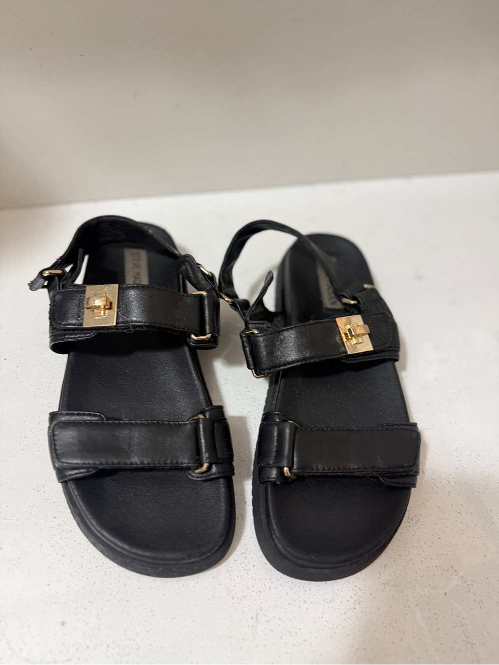 Steve Madden Black Leather Sandals with Gold Buckle Detail